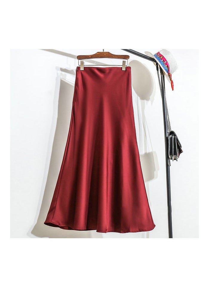 Black Satin Midi A-Line Skirt Women Summer New Elastic Waist Wine red