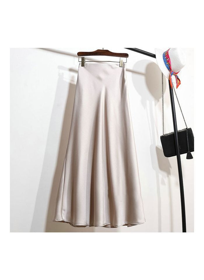 Black Satin Midi A-Line Skirt Women Summer New Elastic Waist Champagne