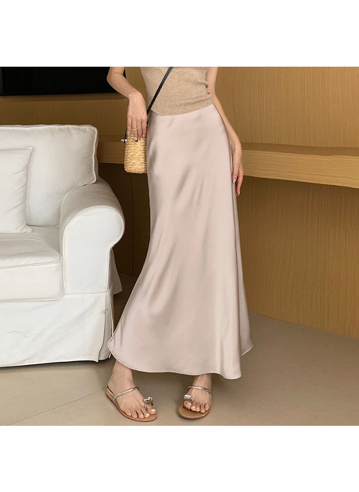 Summer Satin High Waist Midi Skirt for Women Champagne