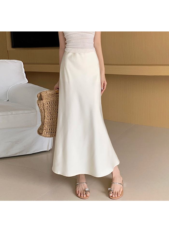 Summer Satin High Waist Midi Skirt for Women Apricot