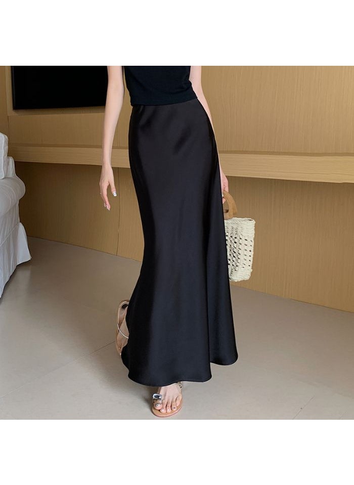 Summer Satin High Waist Midi Skirt for Women Black