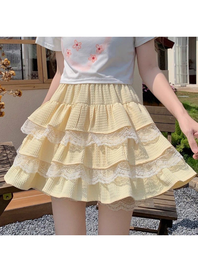 Sweet Lace Pleated Mini Skirt Summer apricot [with inside]]