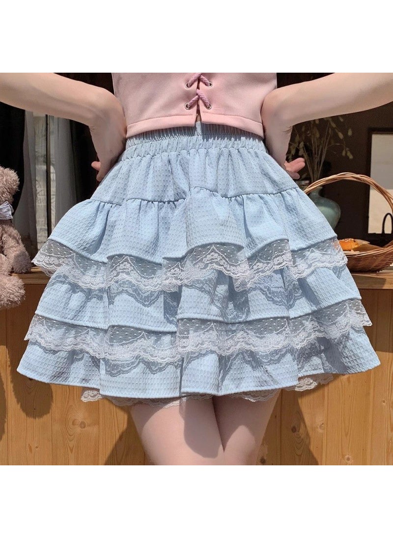 Sweet Lace Pleated Mini Skirt Summer Blue [with inside]]