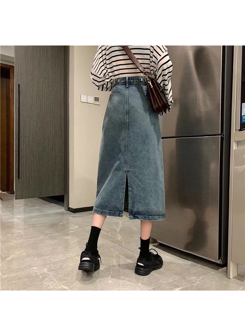 Vintage High Waist Denim Skirt Women Autumn Split Black