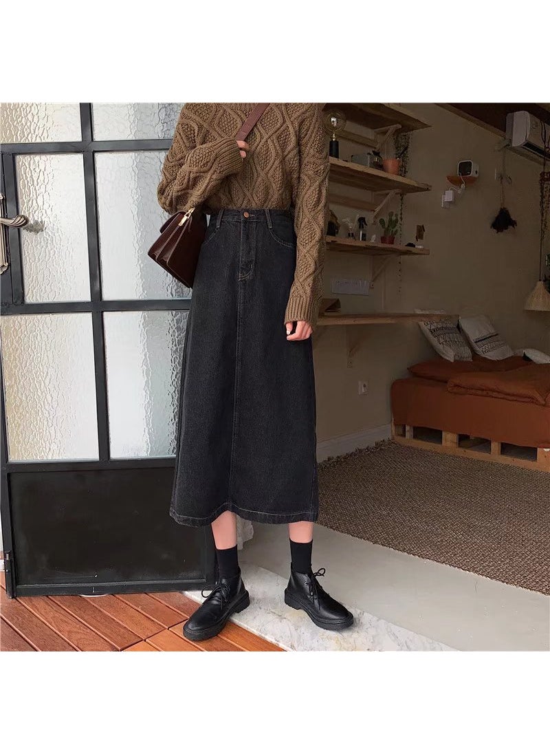 Vintage High Waist Denim Skirt Women Autumn Split Black