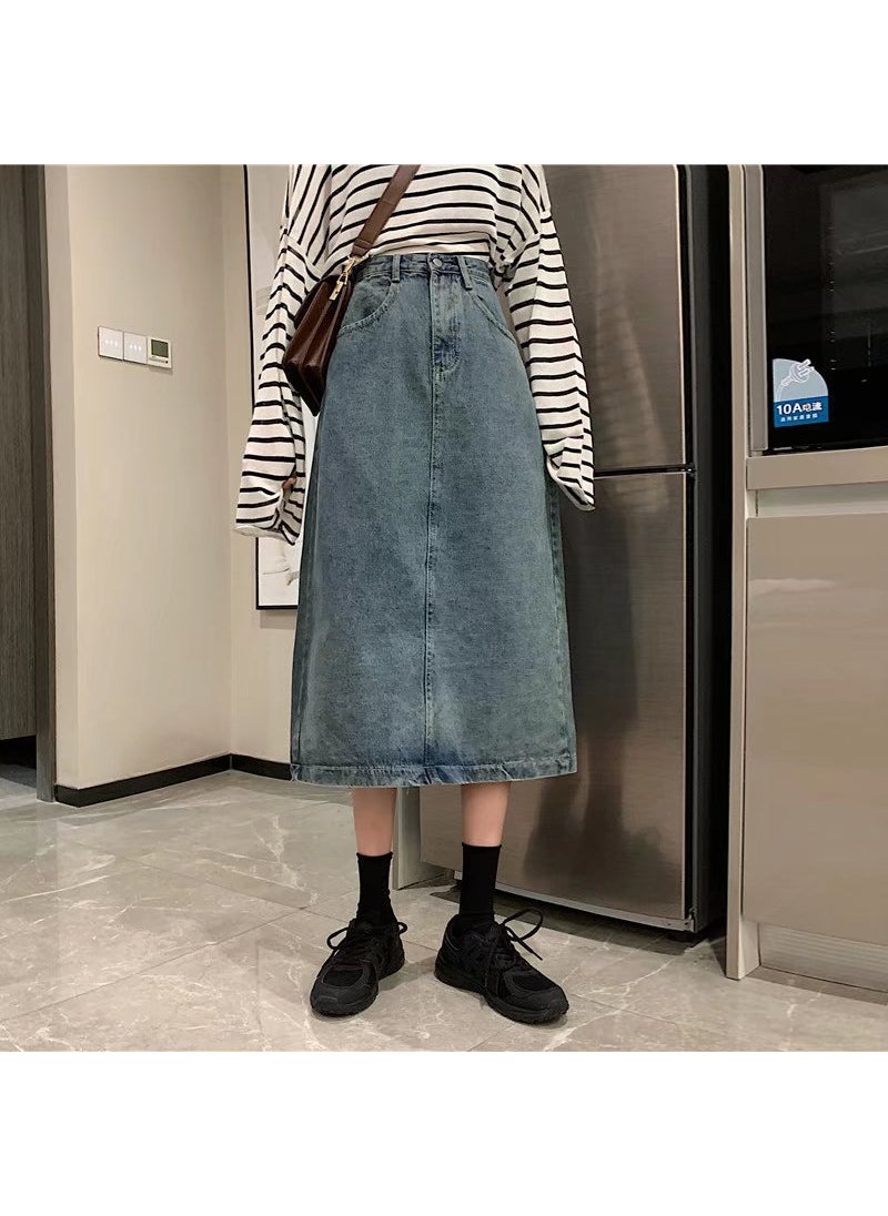 Vintage High Waist Denim Skirt Women Autumn Split Black