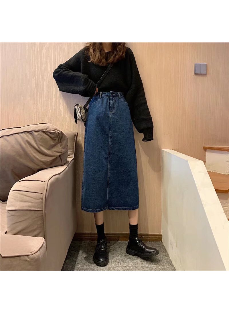 Vintage High Waist Denim Skirt Women Autumn Split Black