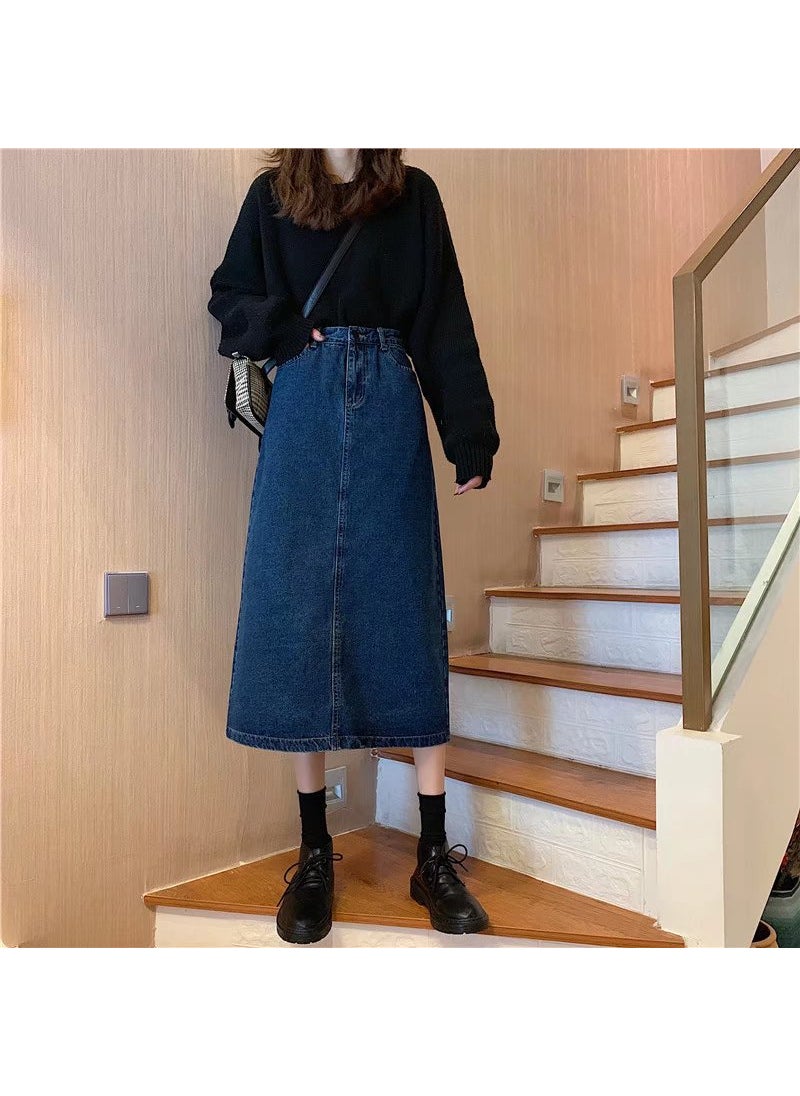 Vintage High Waist Denim Skirt Women Autumn Split Black