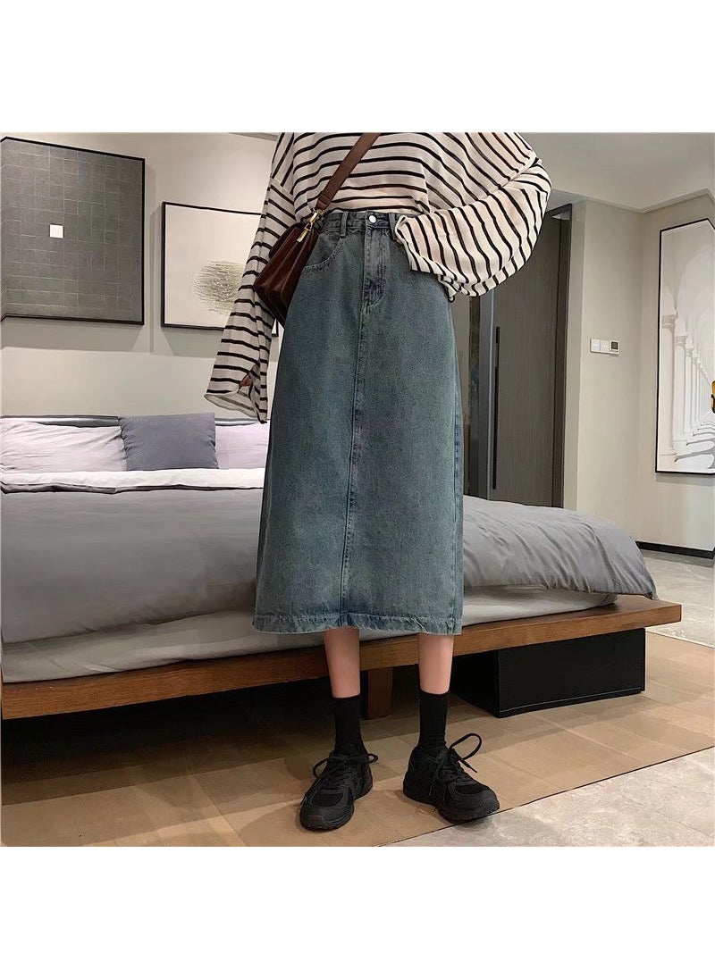 Vintage High Waist Denim Skirt Women Autumn Split Black