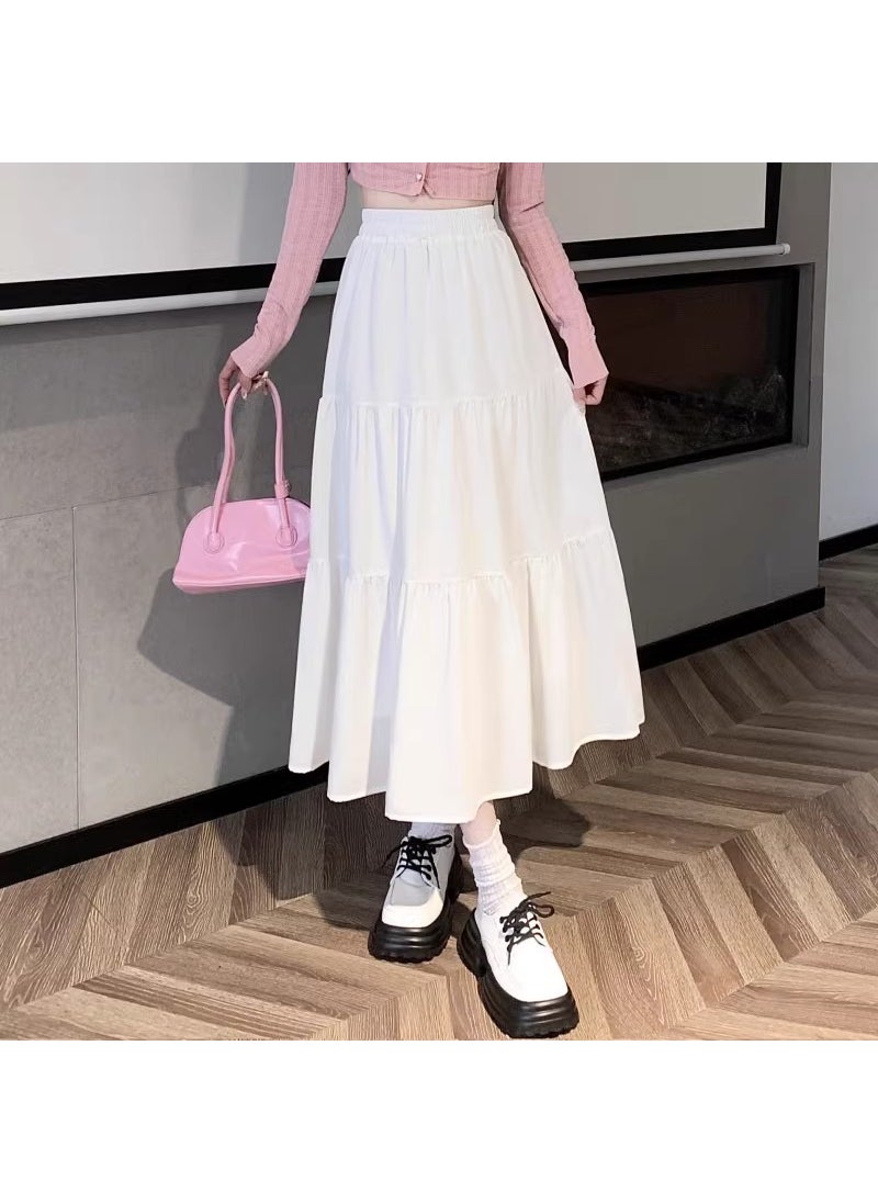 High-Waist Pleated Midi Skirt for Women Spring 2024 White lined