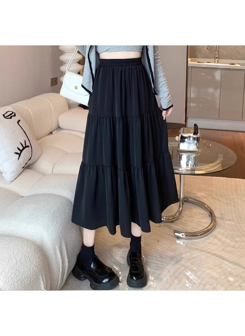 High-Waist Pleated Midi Skirt for Women Spring 2024 Black lined