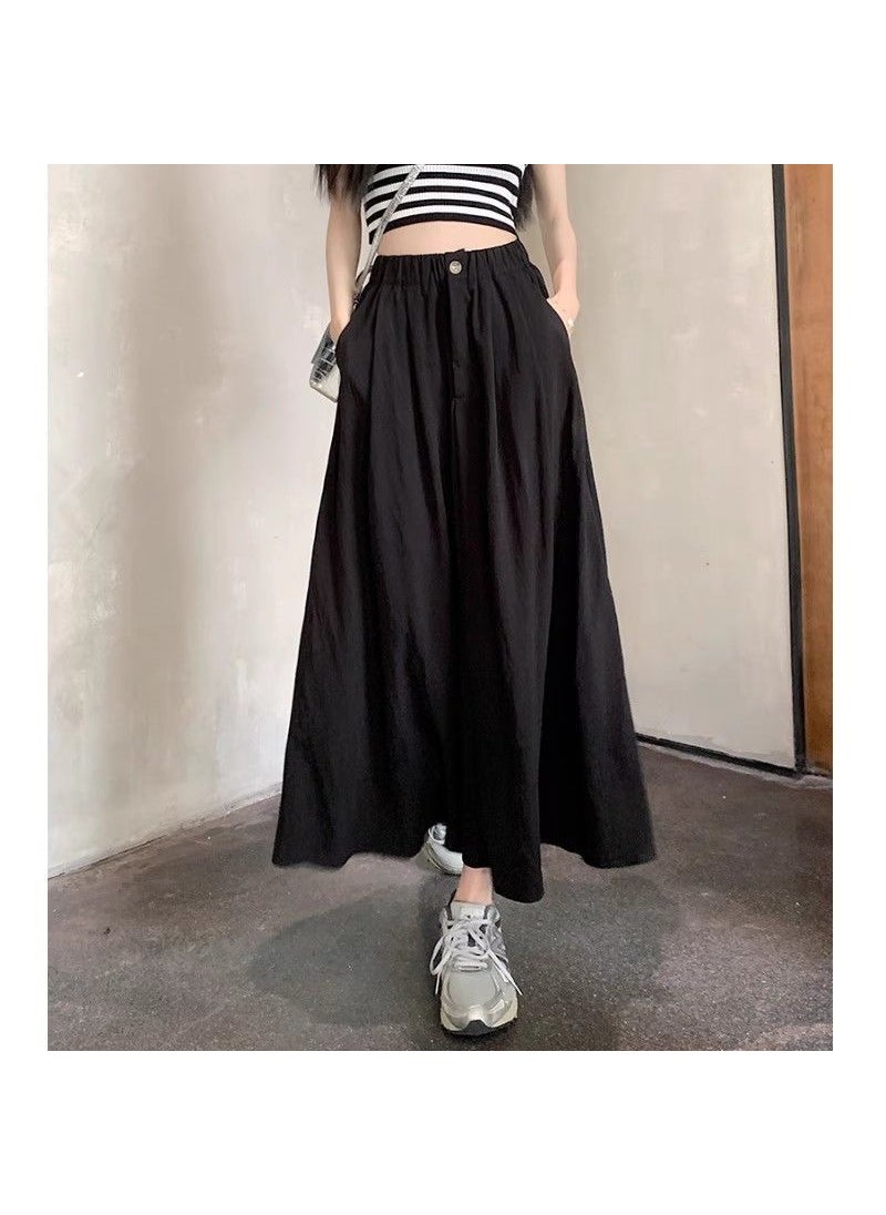 Summer Pleated A-Line Midi Skirt for Women Black [fabric]