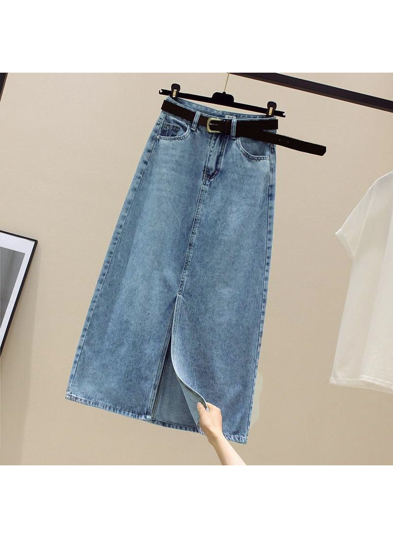 2024 Spring Summer A-Line Denim Skirt High Waist Slimming Blue [free belt] 6357