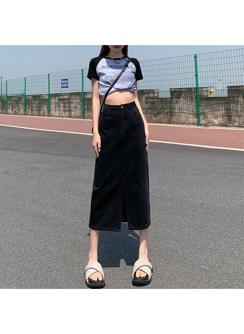 2024 Spring Summer A-Line Denim Skirt High Waist Slimming Black 6357