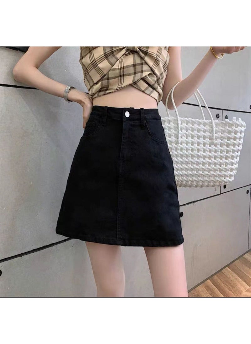 2024 Spring Summer A-Line Denim Skirt High Waist Slimming black.6541