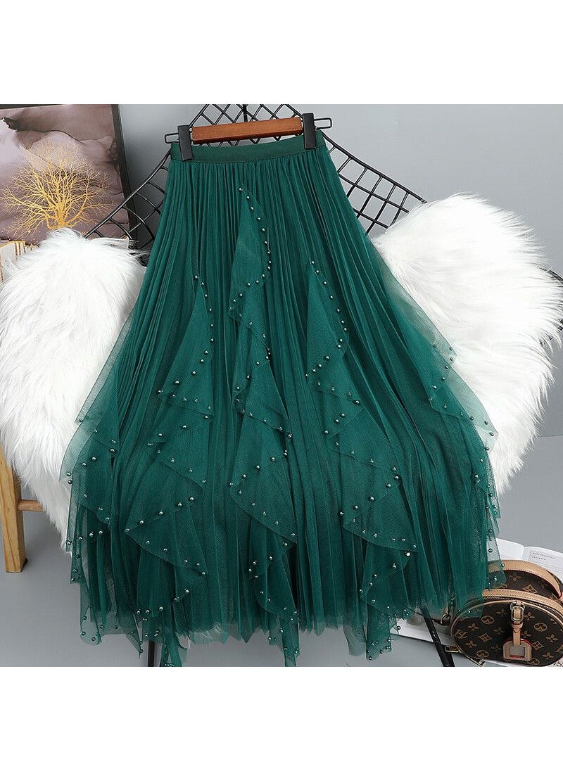 Womens Mesh Beaded Asymmetrical Midi Skirt Green