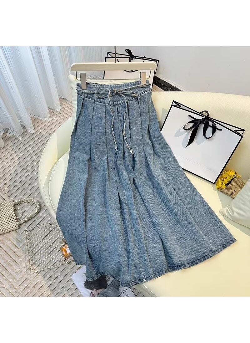 Retro High-Waist Denim Pleated Skirt Light blue