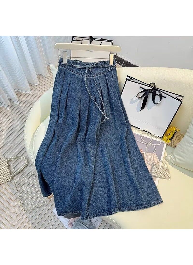 Retro High-Waist Denim Pleated Skirt Dark blue