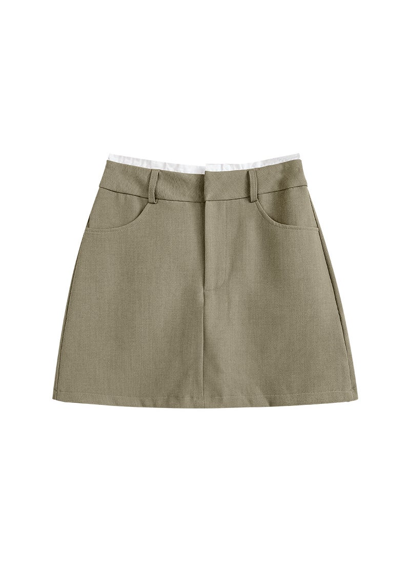 Vintage A-Line Skirt Contrast Waist Women dark khaki