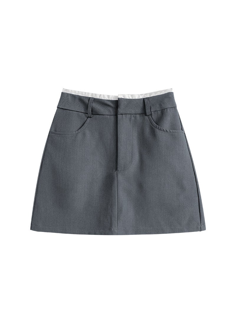 Vintage A-Line Skirt Contrast Waist Women dark gray