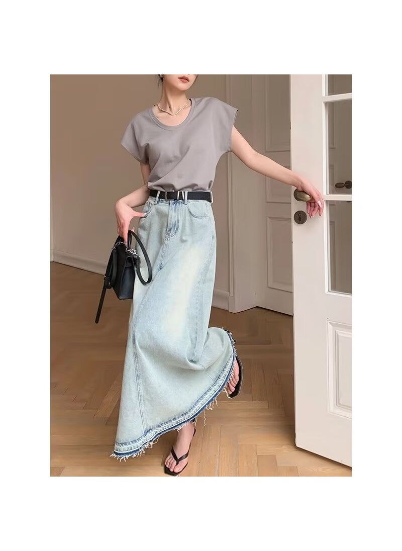 Vintage Hong Kong Denim A-Line Skirt Summer 2024 light blue