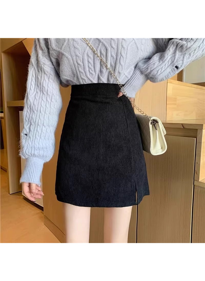 High-Waist Corduroy Skirt Plus-Size Autumn Winter black