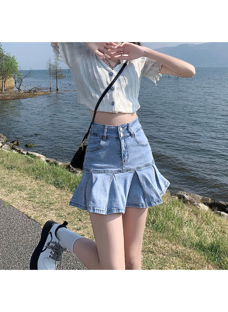 Elastic Double-Buckle Black Pleated Denim Skirt Light blue [with lining] 666