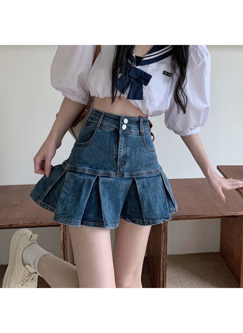 Elastic Double-Buckle Black Pleated Denim Skirt Retro blue [with lining] 666