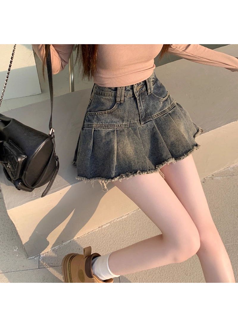 2024 Summer Pleated Denim Skirt High Waist A-Line blue