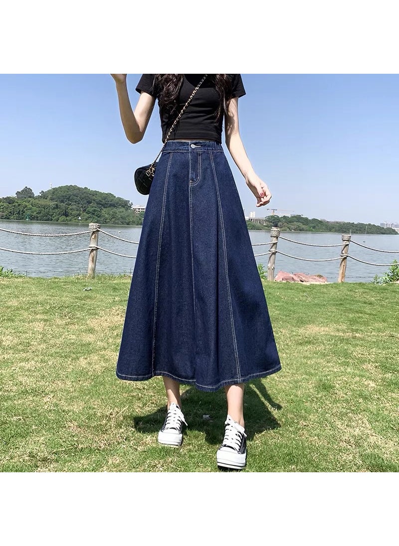 2023 Spring Denim Pleated High-Waist A-line Skirt dark blue