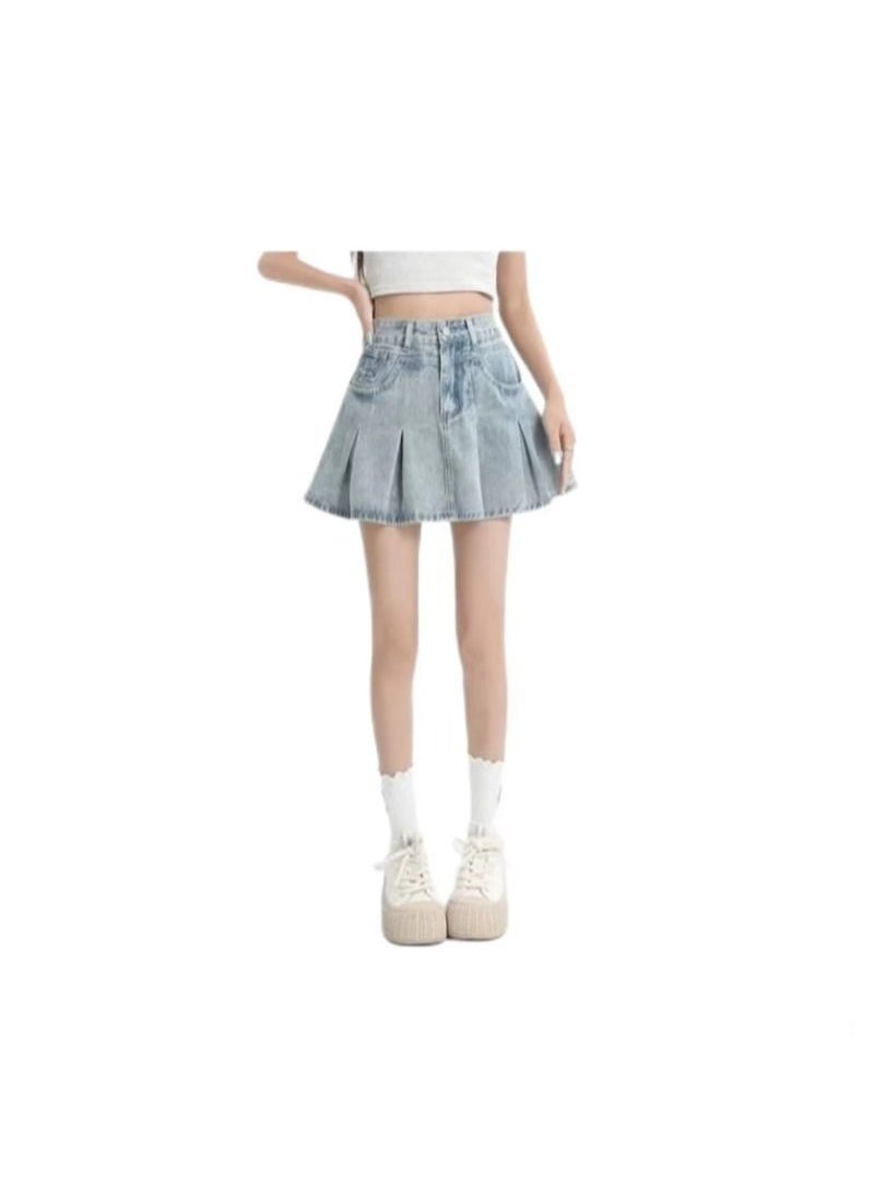 Retro Light Denim Mini Skirt High Waist A-Line Pleated light blue