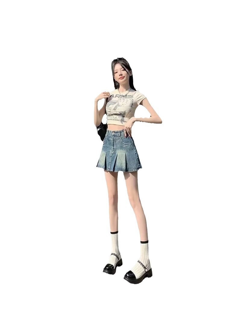 Retro Light Denim Mini Skirt High Waist A-Line Pleated dark blue