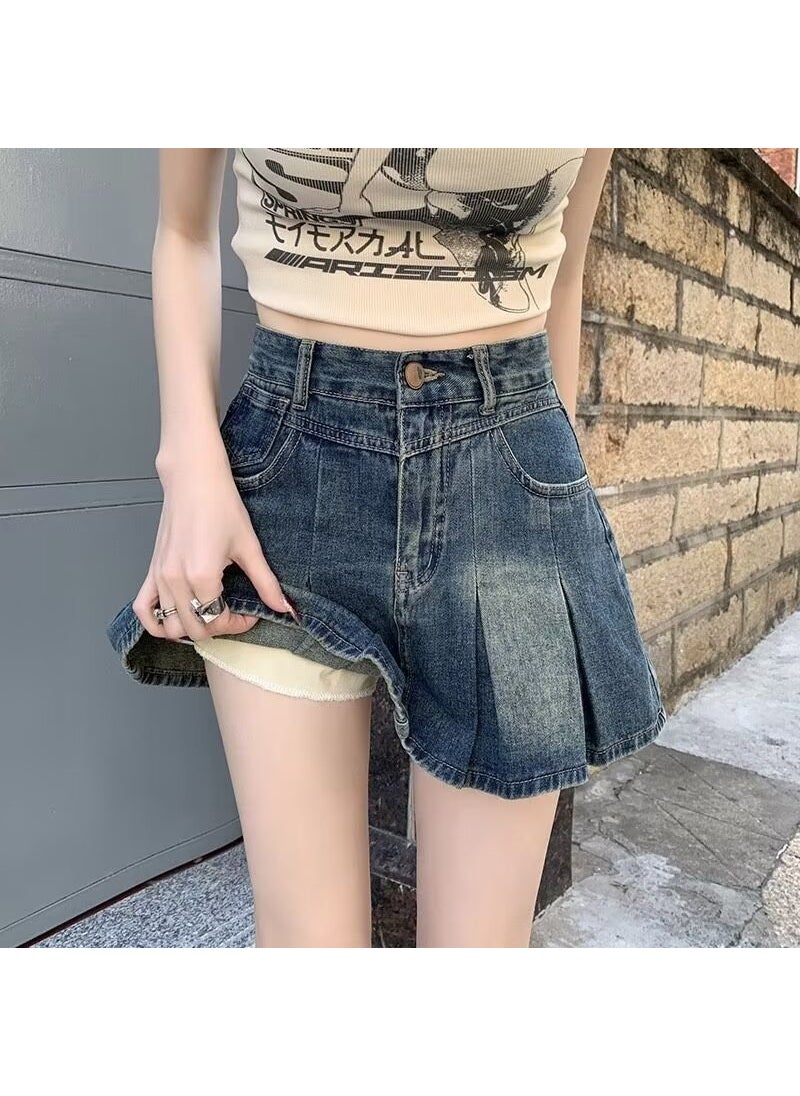 Retro Light Denim Mini Skirt High Waist A-Line Pleated dark blue