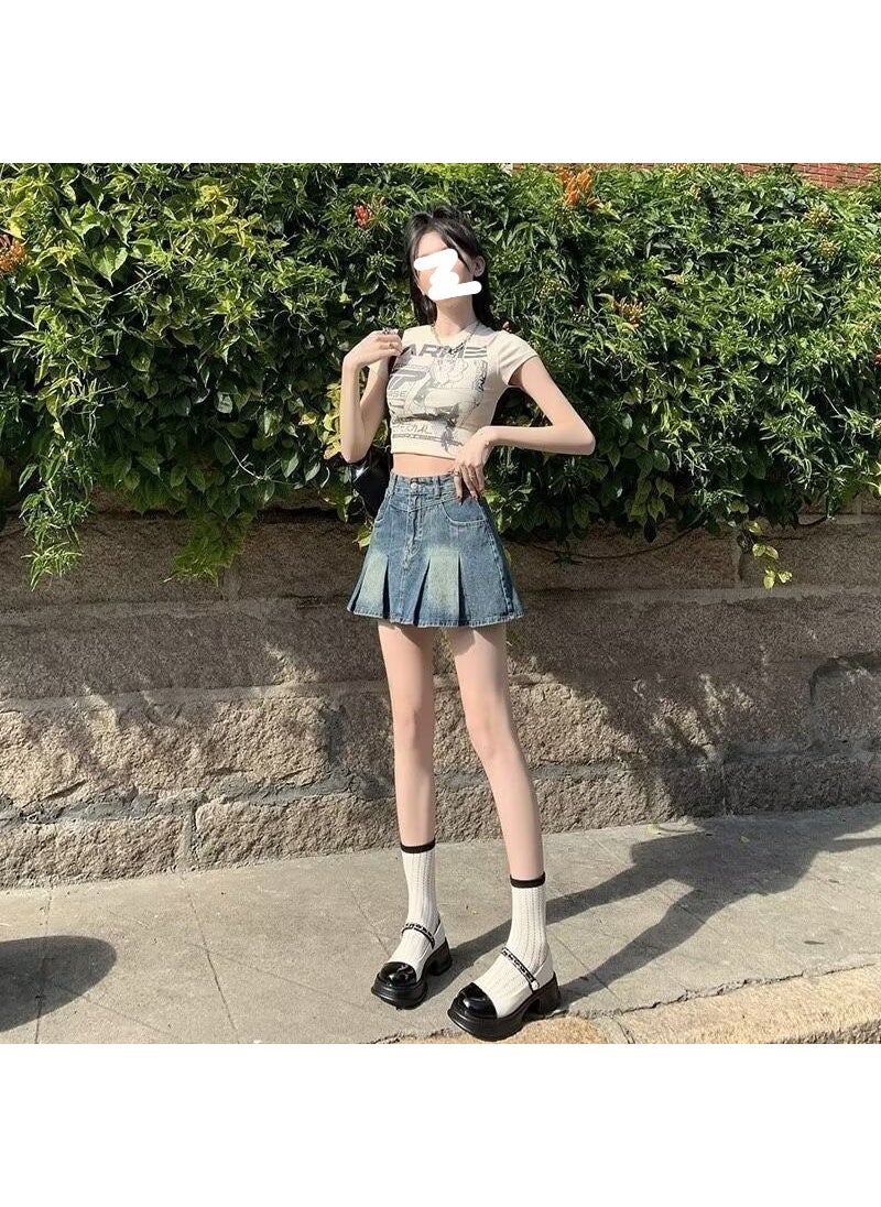 Retro Light Denim Mini Skirt High Waist A-Line Pleated dark blue