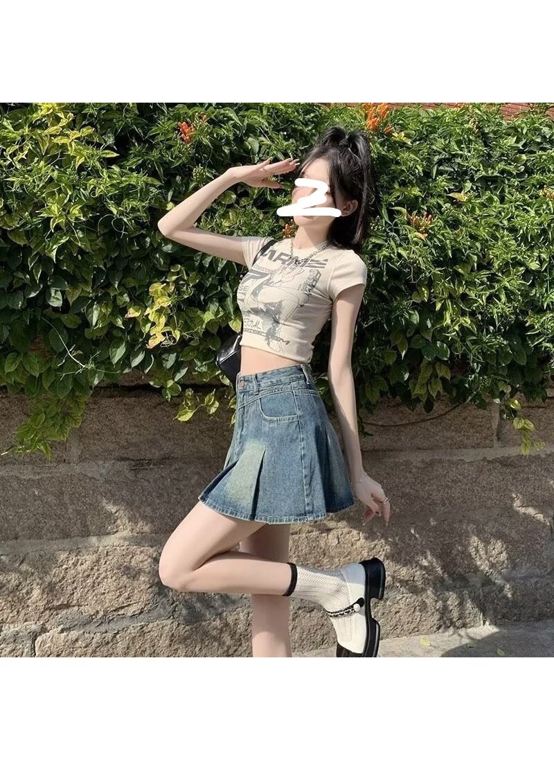 Retro Light Denim Mini Skirt High Waist A-Line Pleated dark blue