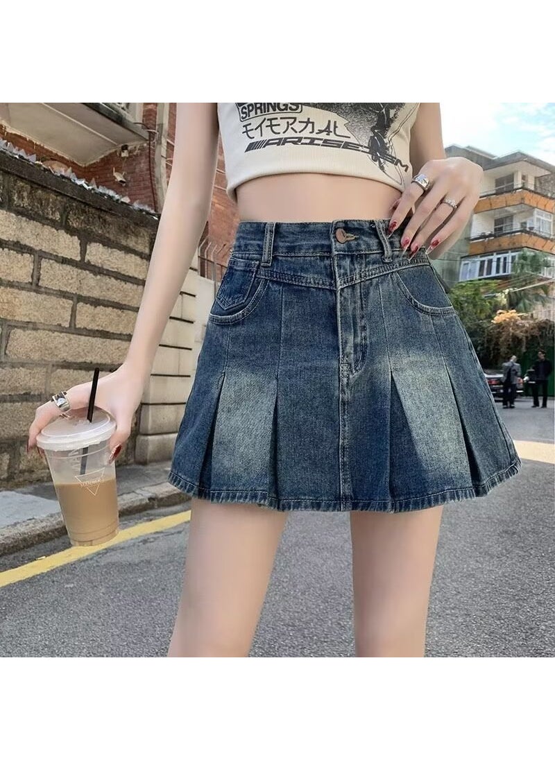 Retro Light Denim Mini Skirt High Waist A-Line Pleated dark blue