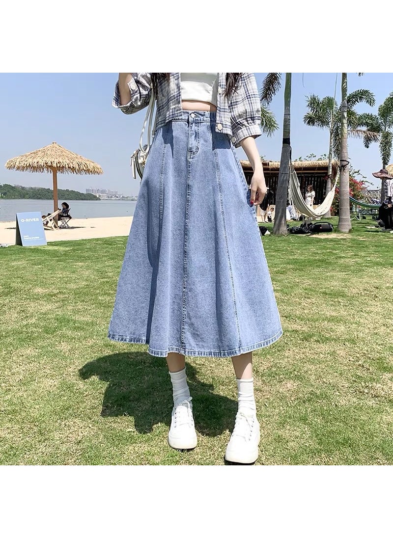 2023 Spring Denim Pleated High-Waist A-line Skirt light blue