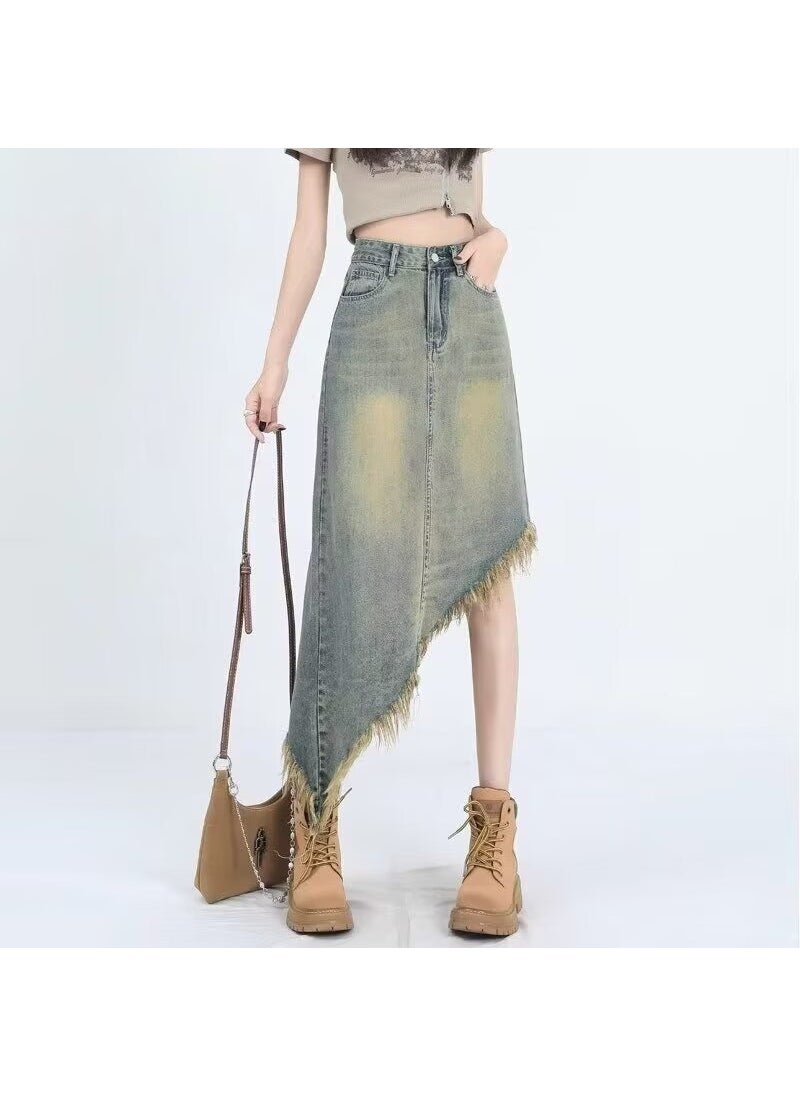 Retro High-Waist Denim Skirt 2024 Summer Fringe Asymmetrical A-Line Split blue