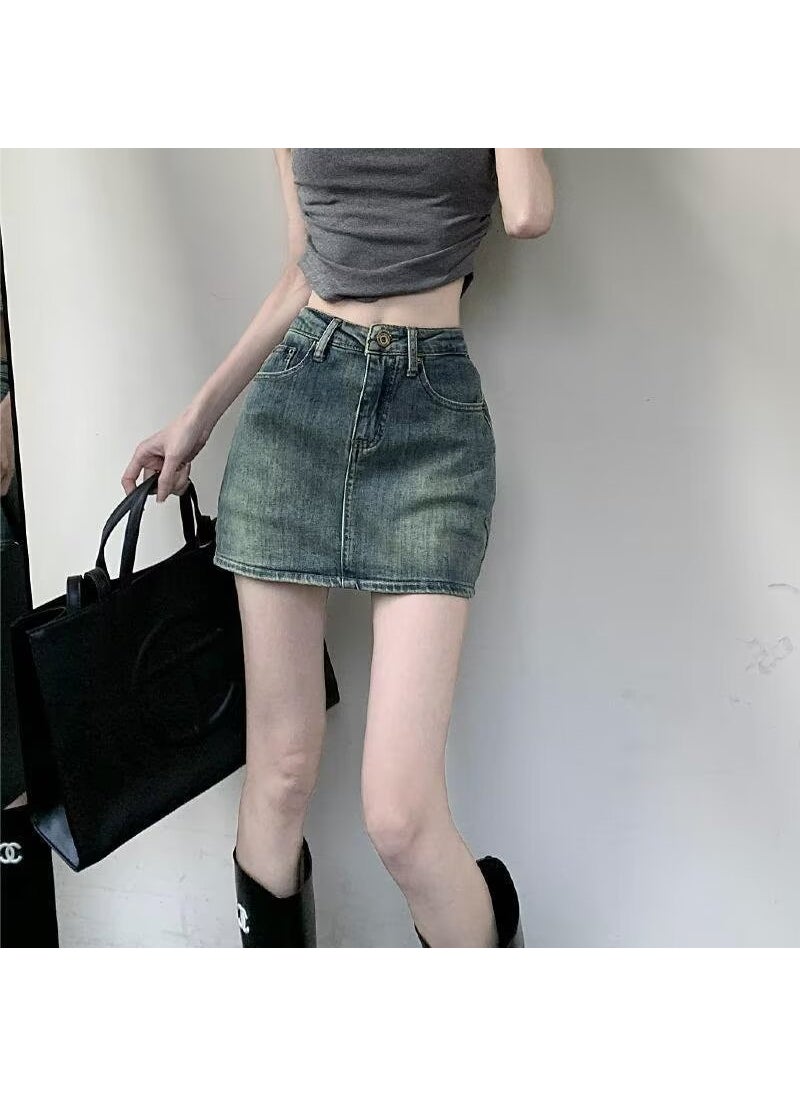 Summer High Waist Slim A-Line Denim Skirt Blue