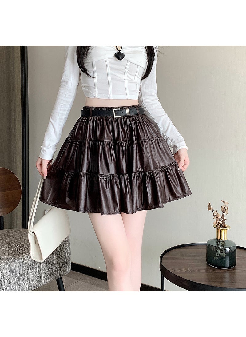 Korean PU Leather Patchwork Skirt Brown