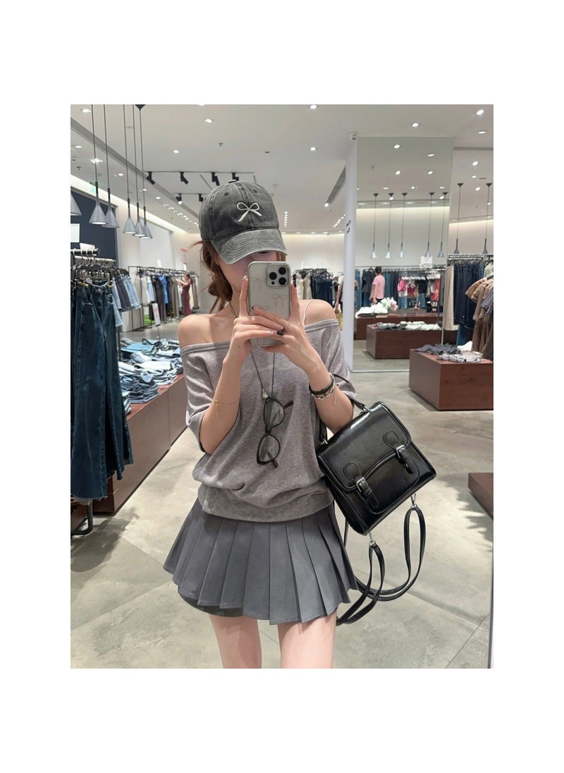 Off-Shoulder Casual Tee  Pleated Skirt Set Gray culottes