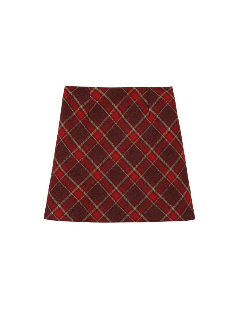 2024 Plaid A-Line Wool Mini Skirt for Women Red