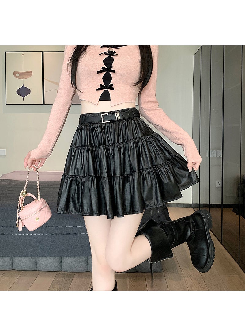 Korean PU Leather Patchwork Skirt Black