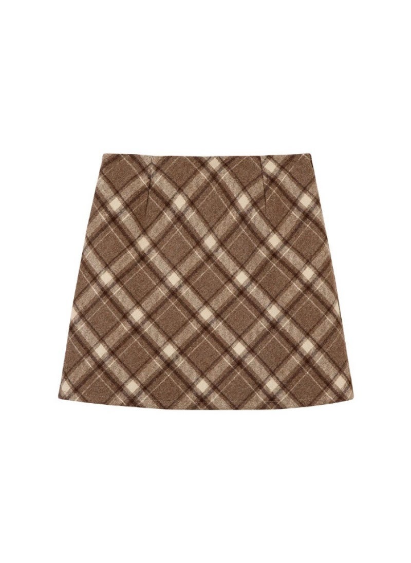 2024 Plaid A-Line Wool Mini Skirt for Women Khaki