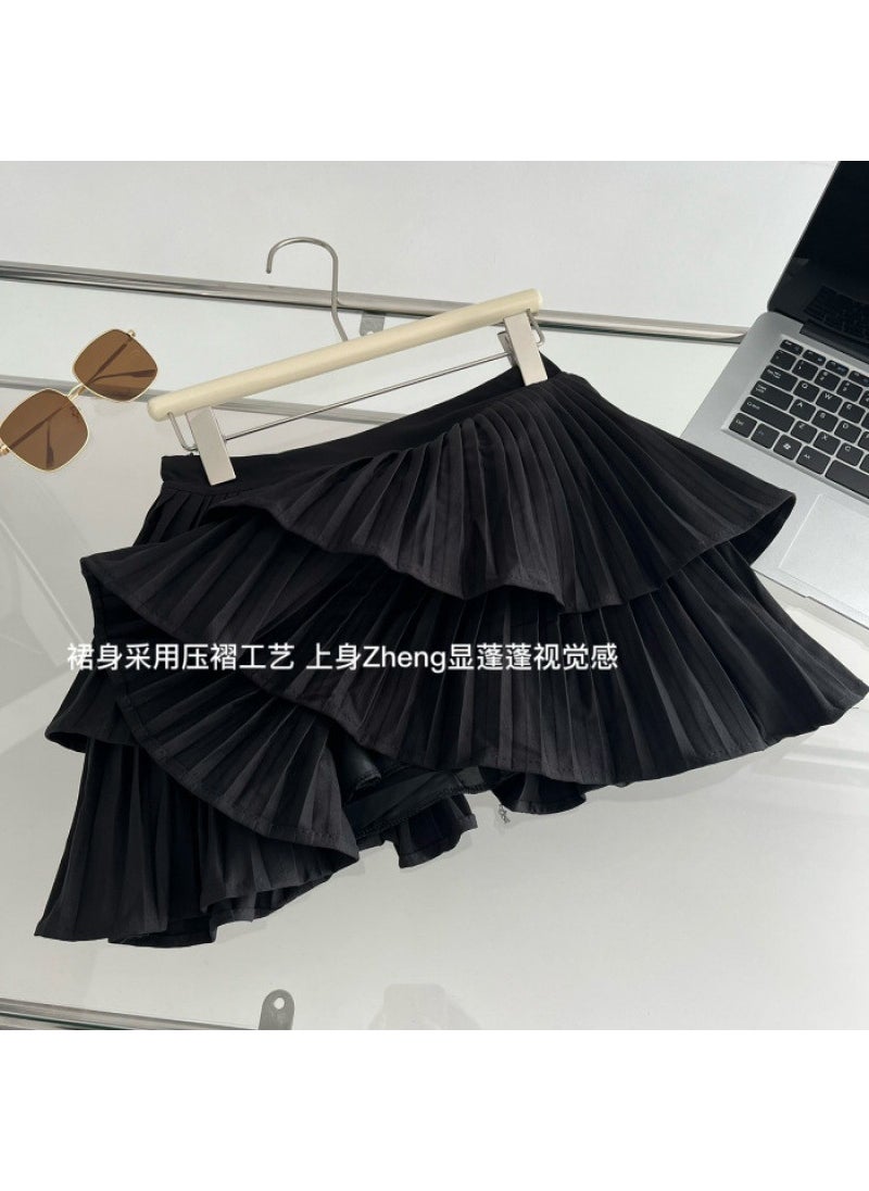 Korean Pleated Ruffle Skirt High Waist A-Line Black