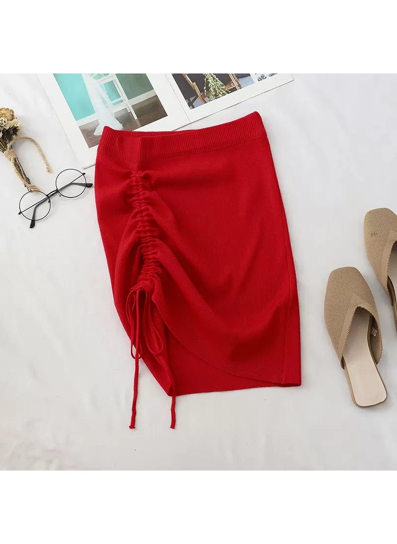 Summer Drawstring Ruched Slim-Fit Mini Skirt Red