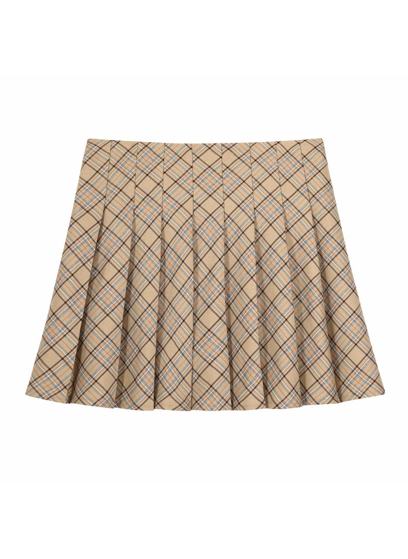 Autumn Plaid Pleated Skirt High Waist Plus Size Khaki