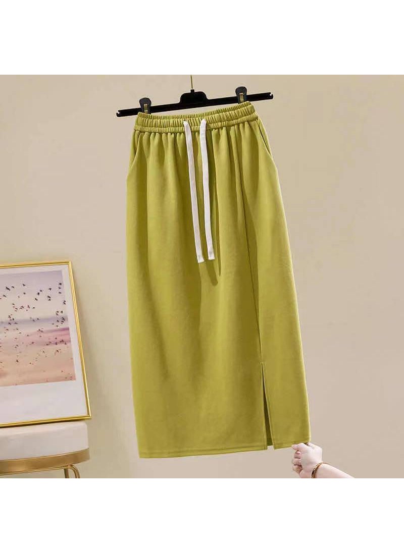 2024 Spring Autumn High-Waist Casual Midi Skirt for Petite Women Mustard yellow