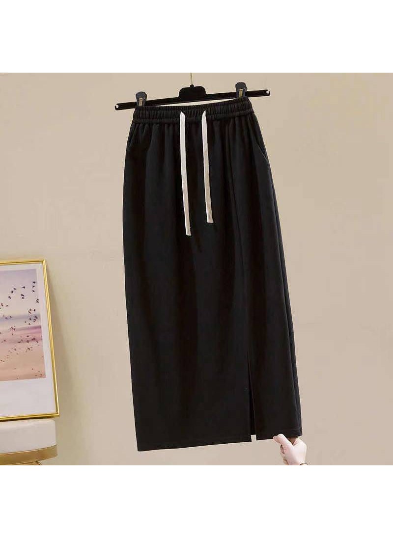 2024 Spring Autumn High-Waist Casual Midi Skirt for Petite Women Black