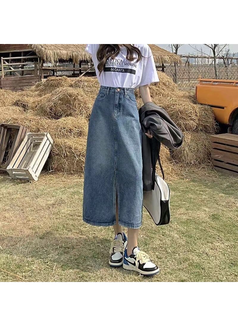 High Waist Split Denim Midi Skirt 2024 Autumn Vintage blue